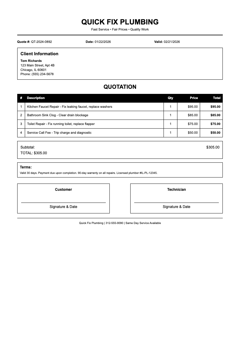 Simple compact plumbing quotation